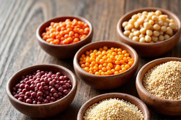 Immagine di vari tipi di legumi e cereali integrali in ciotole di legno