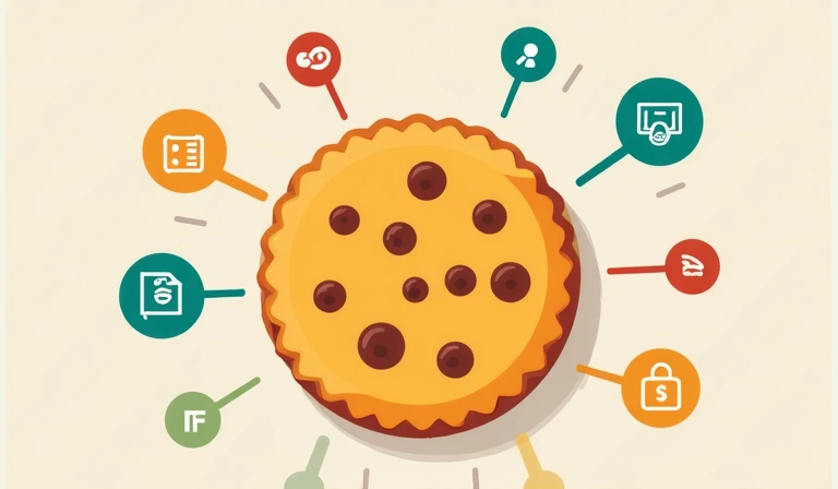 Illustrazione di un biscotto digitale che rappresenta un cookie su un sito web, con icone di privacy e sicurezza intorno